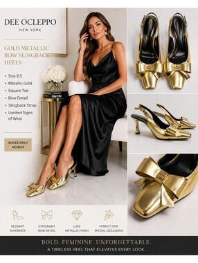 Dee Ocleppo Gold Metallic Slingback Heels Bow Pumps Square Toe Size 8.5
